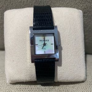 Skagen Denmark Women’s Steel Square Mother of Pearl Face with Black Leather Band